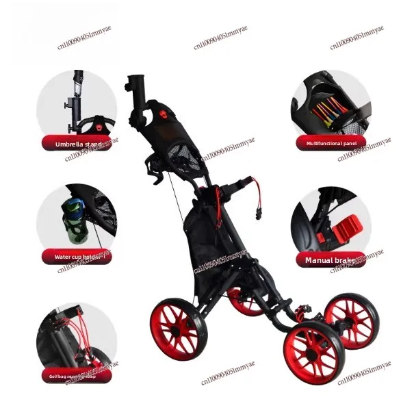 Carrello da golf a quattro ruote, carrello da campo pieghevole, carrello da tiro con freno a mano