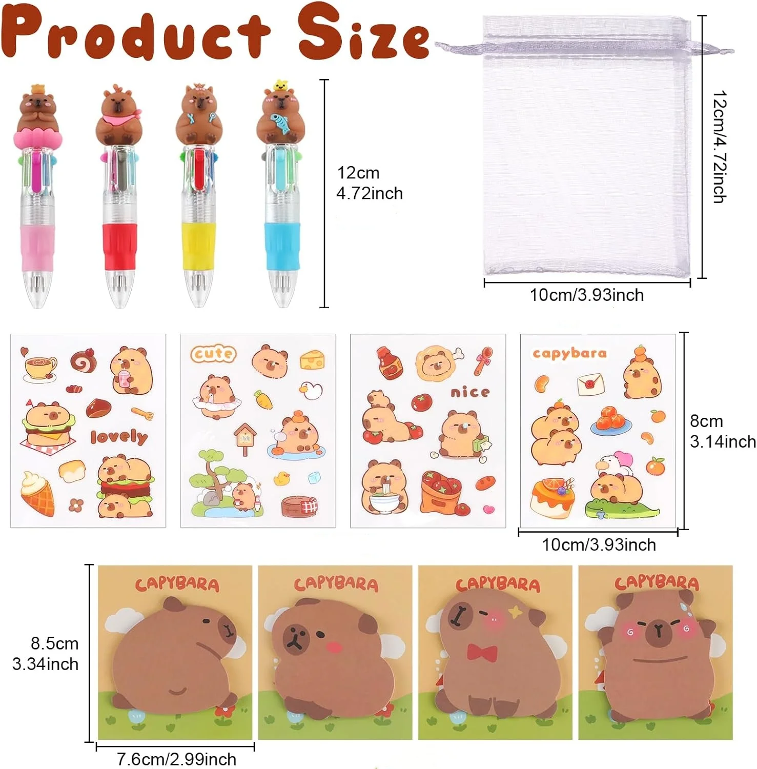 10-50Set Capybara Fun Prizes Animal Stationery Birthday Gift with 4-in-1 Ballpoint Pens Sticky Note Sticker and Organza Bags - view 2