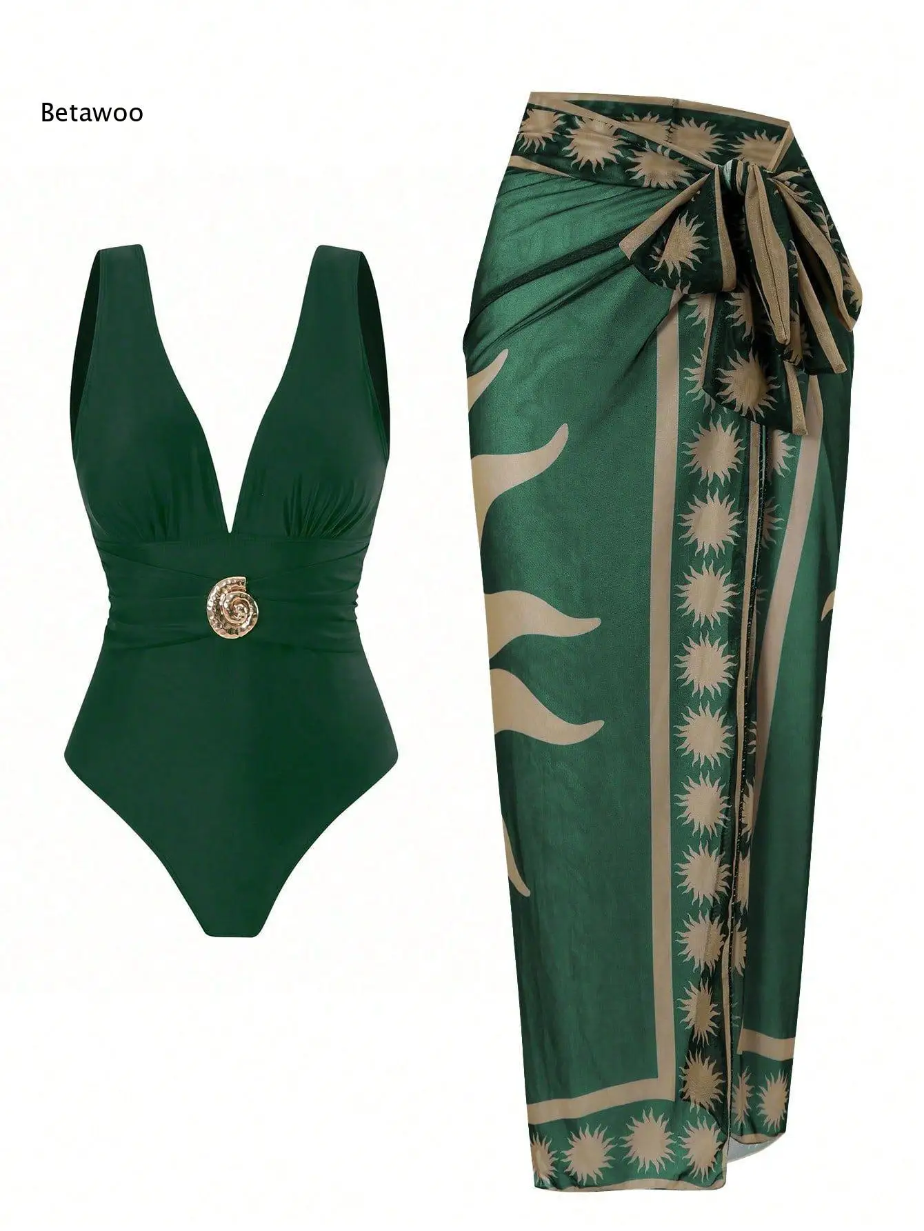 Women Deep V One Piece Swimsuit with Printed Wrap Cover Up Skirt Two Piece Beach Swimwear Set