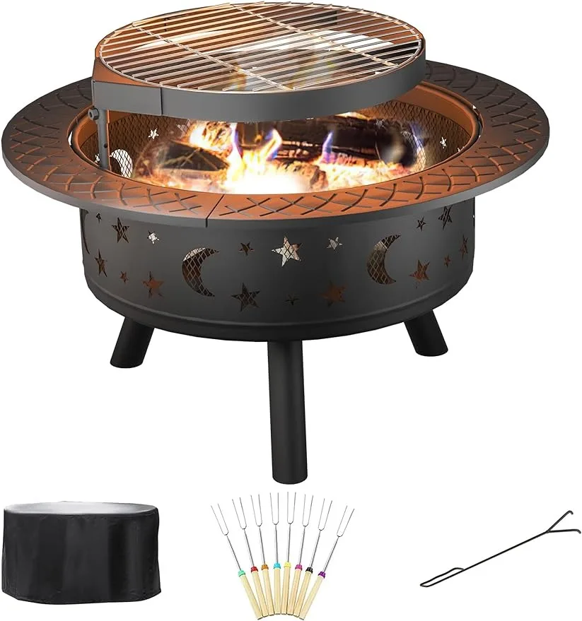 35 Inch Fire Pit, Outdoor Wood Burning Fire Pit with Poker, Metal Round Fire Pit with Grill Grate, Rain Cover and Roasting Stick