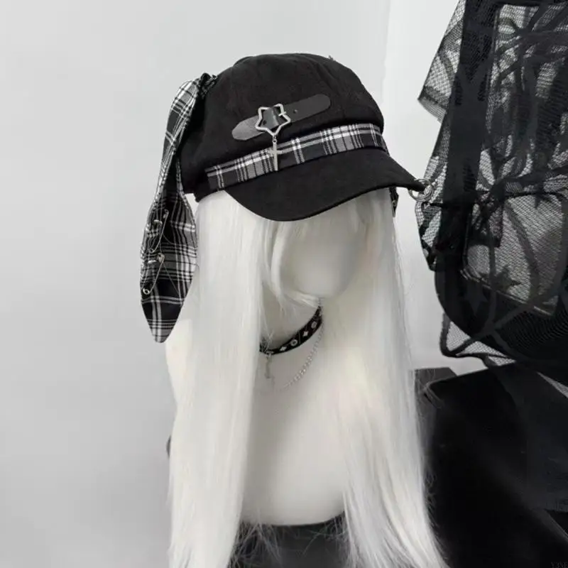 Y3NE Gothic Dark Metal Charm Painter Hat for Unisex Cabbie Hat for Outdoor Leisure Dark Hat Photo Props