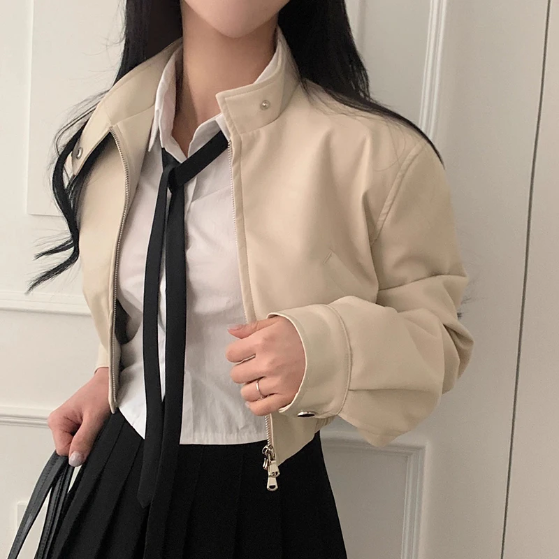 Chic Autumn New Small Design Sense Stand Collar PU Leather Jaet Loose ort Sve Long Motorcycle Clothes Outerwear Women