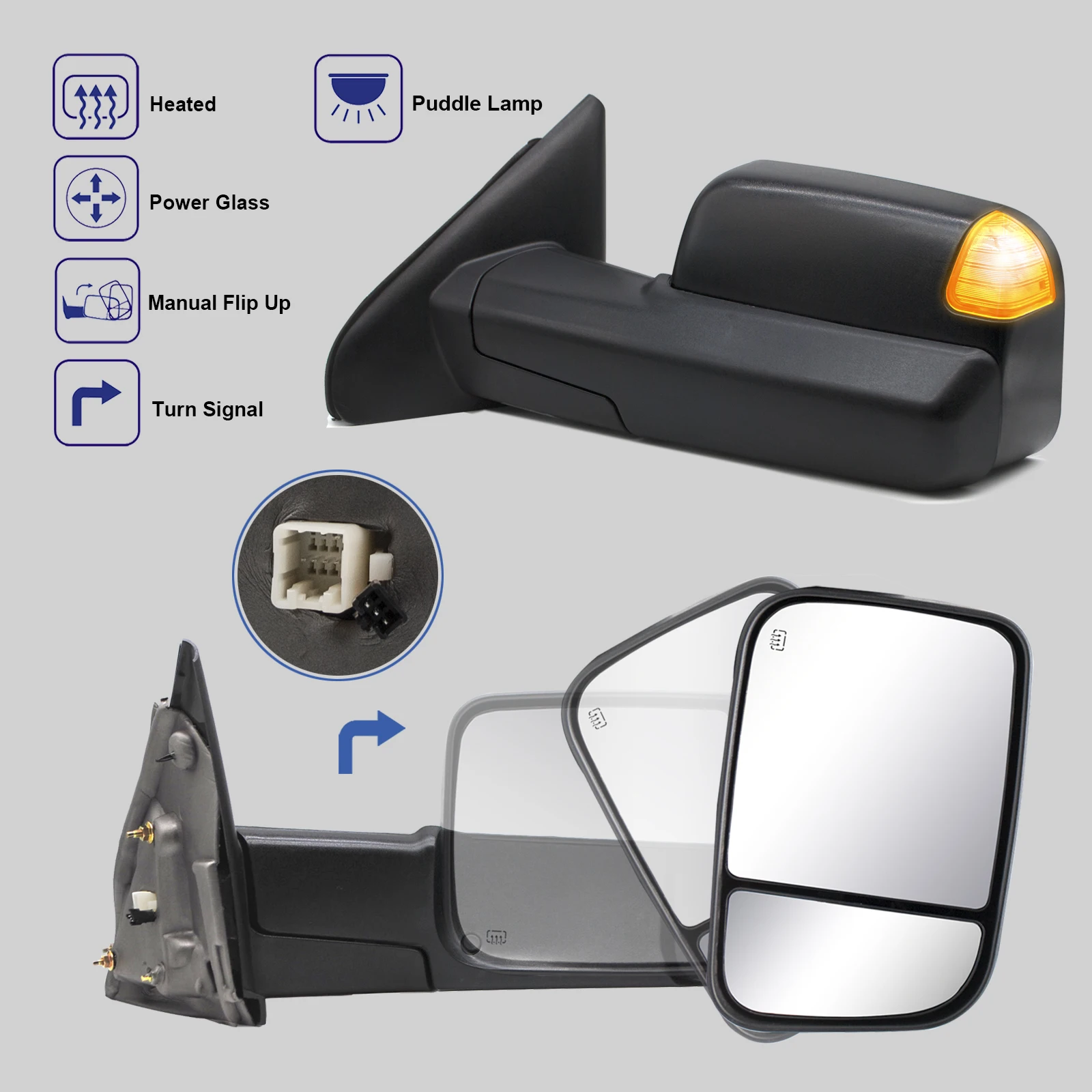 Towing Mirrors For 2002-2008 Dodge Ram 1500 2003-2009 Dodge Ram 2500 3500 Power Heated Turn Signal Puddle Lamp Manual Flip Black