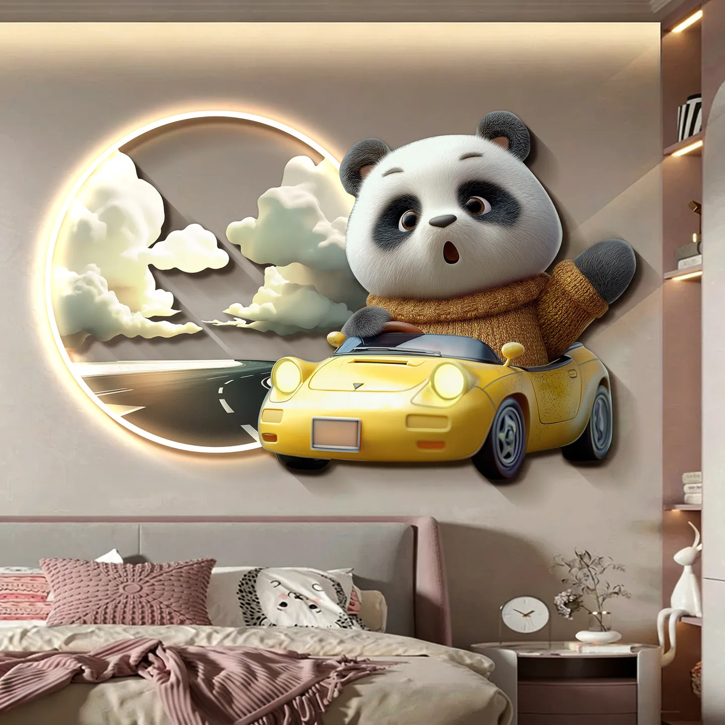 Cute Panda Children's Room Decoration Painting Healing Cartoon Boy and Girl Bedroom Luminous Lamp Painting Bedhead Mural