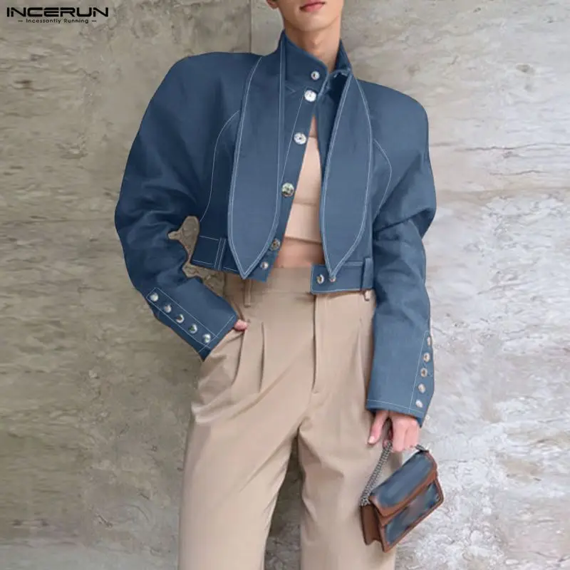 

INCERUN мужские куртки в стиле пэчворк с воротником-стойкой и длинными рукавами на пуговицах мужские пальто уличная одежда свободные модные повседневные укороченные куртки мужские S-3XL