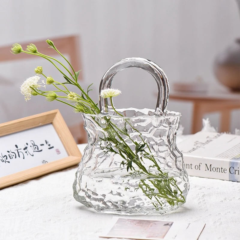 Transparent Glass Flower Vase Handbag Shape Vase Fish Tank Hydroponic Plant Container for Home Decor Small Goldfish Container