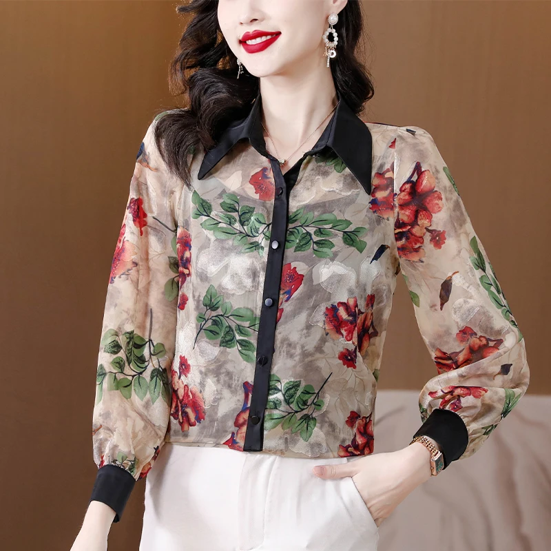 

Vintage Women's Blouses Casual Printed Shirts Fashion Loose Spring/Summer Chiffon Clothing Long-sleeved Korean Women Tops