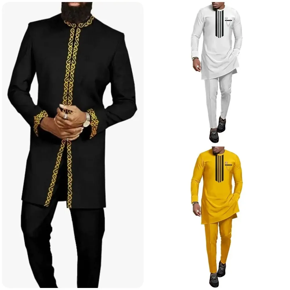 Dashiki Men 2 Piece Outfit Set Printed Black Business Casual Style Fashion Ethnic Style Wedding Suit Kaftan For Men New