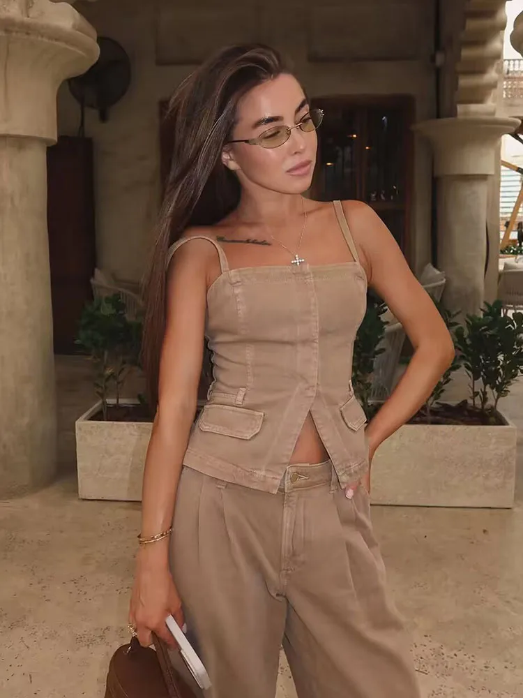 

HH Summer Women Fashion Sleeveless Single Breasted Sleeveless Halter Top+High Waist Zipper Wide Leg Long Pants 2 Piece Set