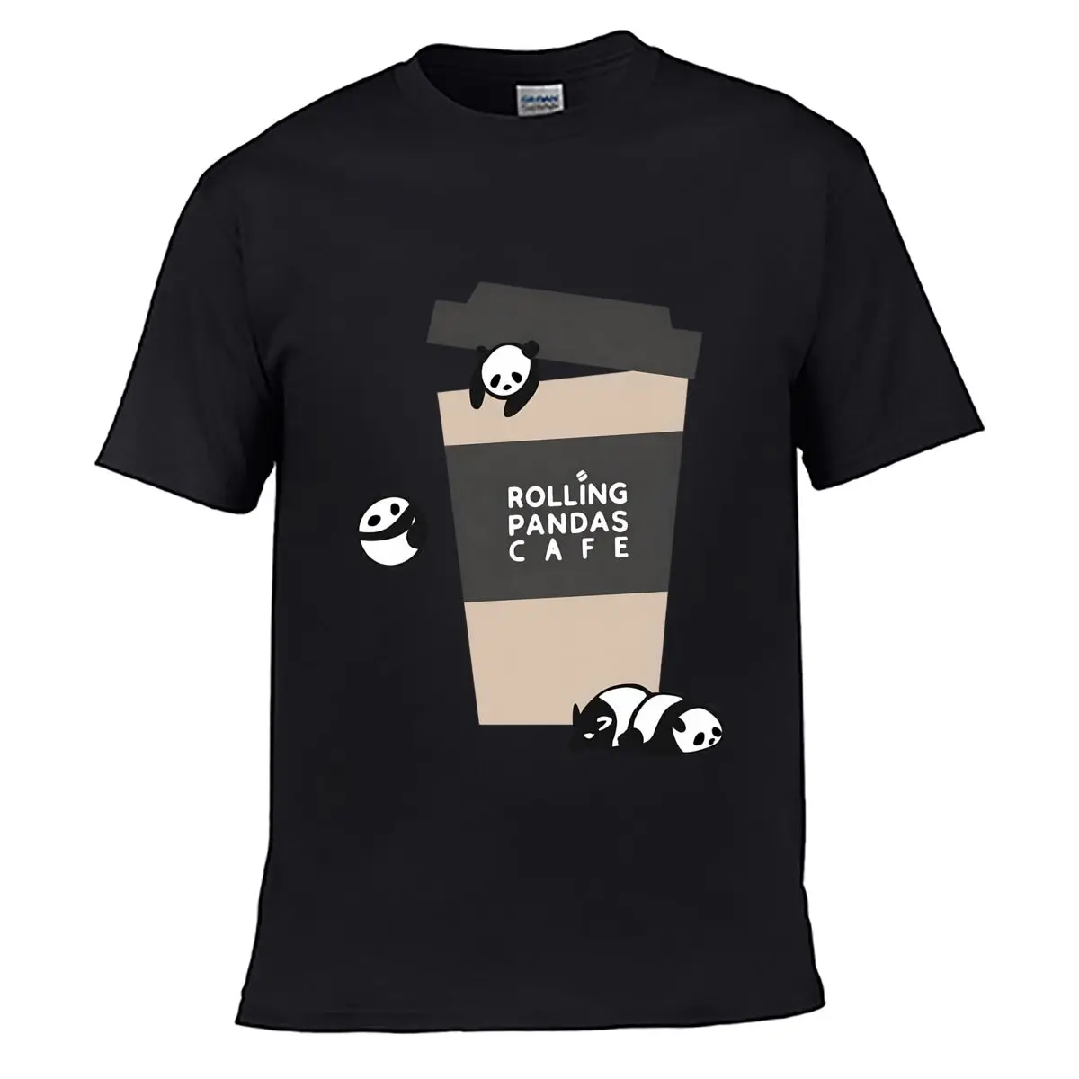 Rolling Pandas Cafe Cute Panda Coffee Illustration Men Summer Washed Tee Loose Distressed Top