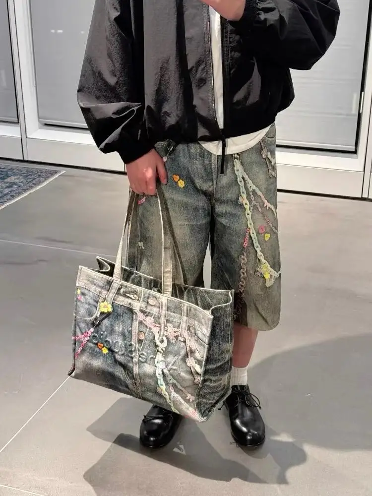 Unisex Wide Leg Straight Denim Shorts Capri Pants 3D Optical Illusion Candy Chain Print Cropped Jeans