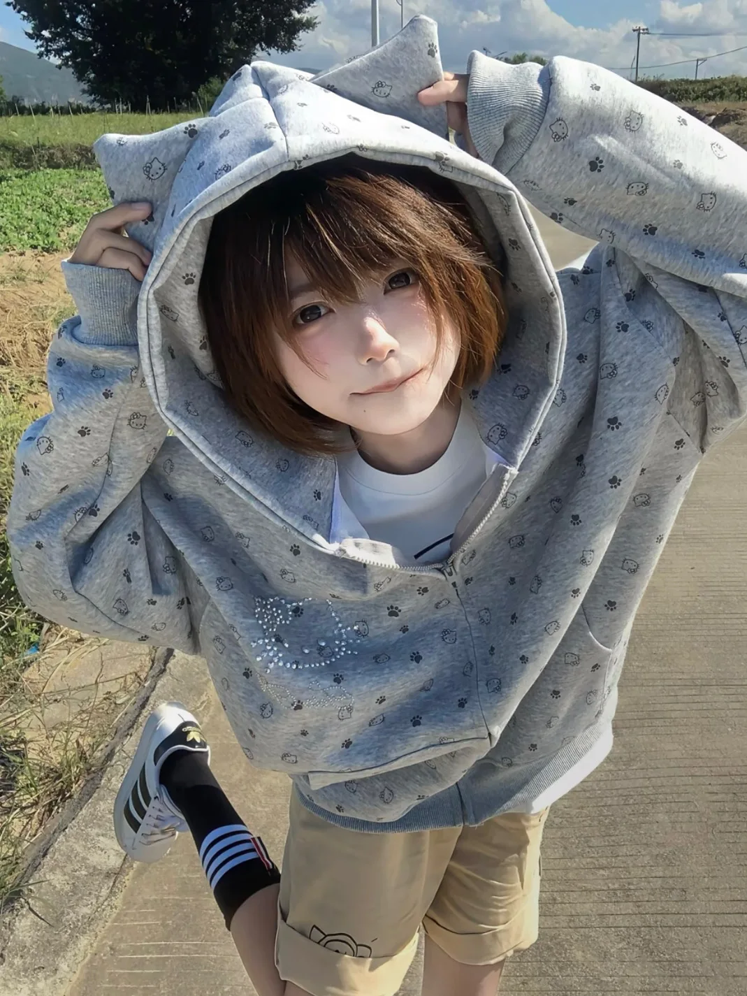 Retro American  Paw Print Hoodie Women's Loose Casual Sle Autumn Winter Open Cardigan Couple's Leisure Outerwear