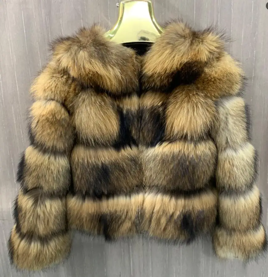 

Real Raccoon Fur Coat Women Winter Long Sleeve Natural Luxury Jackets Thick Top