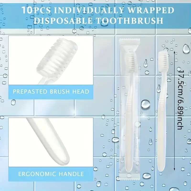 10 pre installed portable toothbrushes, individually packaged, soft brush travel toothbrush, disposable, suitable for hotels and