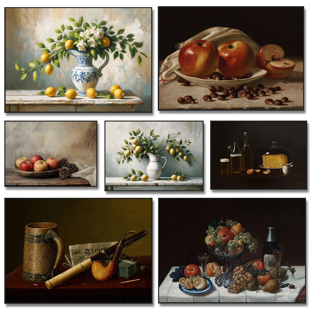 Arte de naturaleza muerta vintage, frutas, limón, manzana, pósteres de comida de porcelana, impresiones en lienzo, cuadro de arte de pared, decoración para sala de estar y hogar