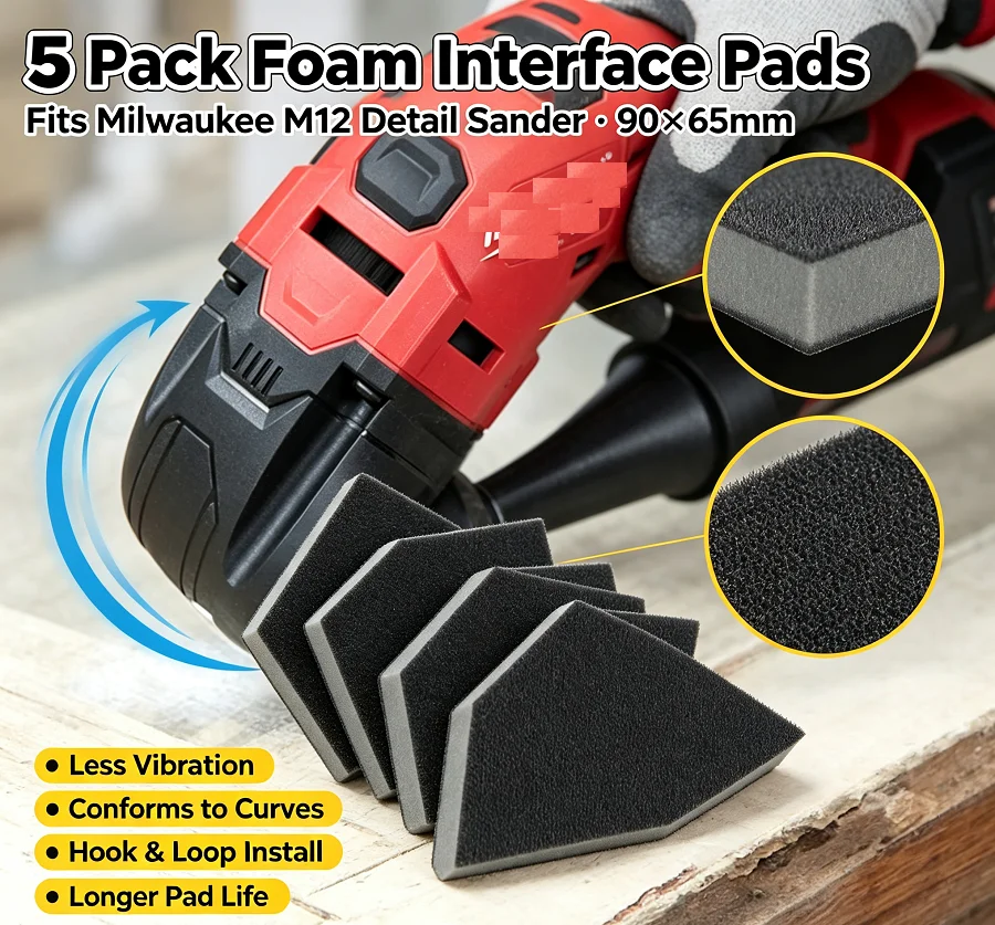 5pc 90*65mm Foam Interface Pads Hook & Loop Cushion Pad for Milwaukee M12 Detail Sander Reduce Vibration Furniture Car Polishing
