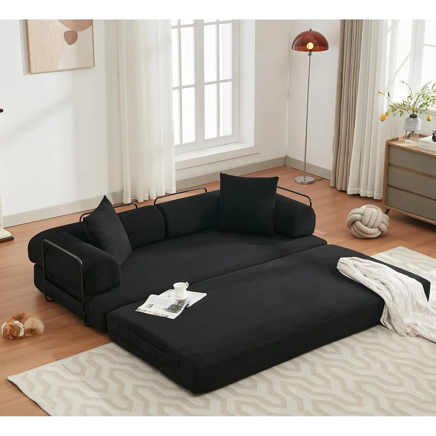 Convertible Floor Sofa Bed with Fixed-Shape Frame, Modular Corduroy Folding Mattress Couch with Armrest, Floor Sofa, Customized
