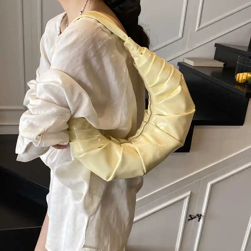 

PU Pleated Dumpling Bag for Women Fashionable Casual Versatile Handbag Korean Solid Color Zipper Female New Shoulder Bags