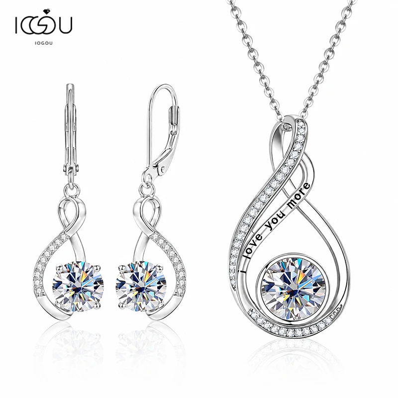 IOGOU GRA VVS1 Moissanite Jewelry Set 925 Sterling Silver Infinity I Love You More Pendant Necklace Earrings Women Fine Jewelry