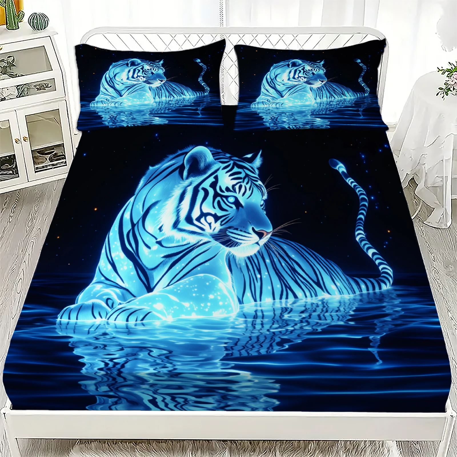 

Комплект из 3-х простыней с 3D-принтом тигра, синий узор с изображением тигра, простой в уходе, прочный, с наволочками, для декора спальни