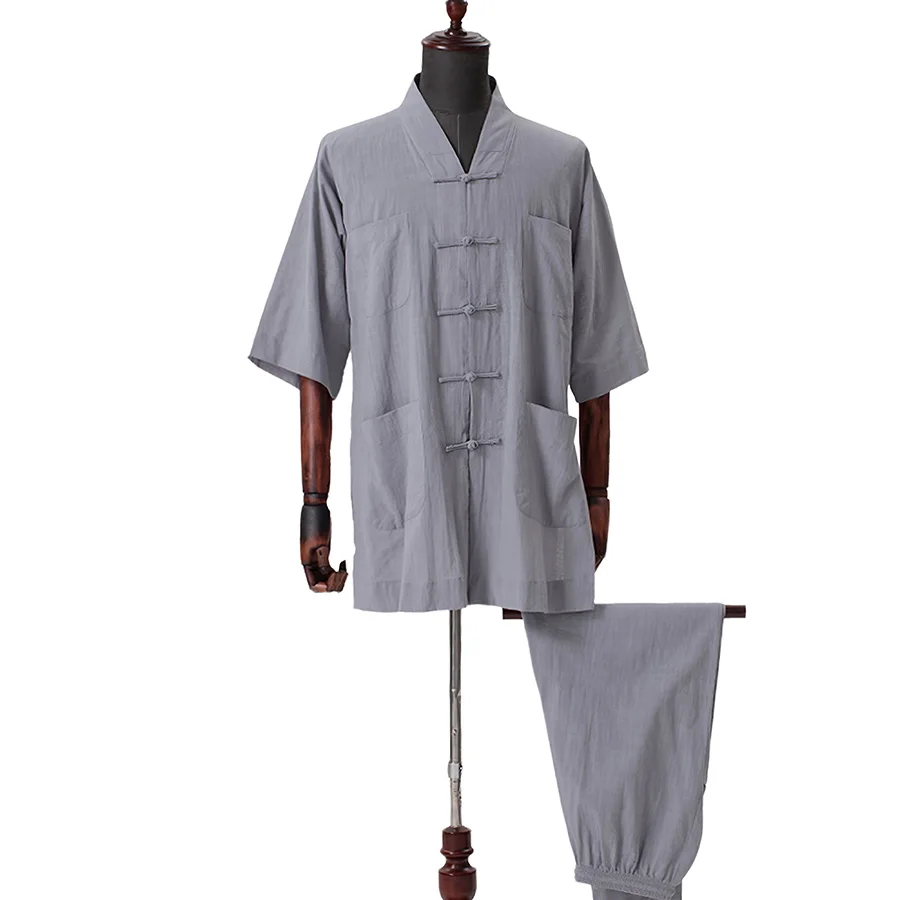 Traditional Chinese KungFu TaiChi Suit Buddhism Arhat Gown Set for Adult Men Monk Robe Clothes Top and Pants Buddhist Clothes