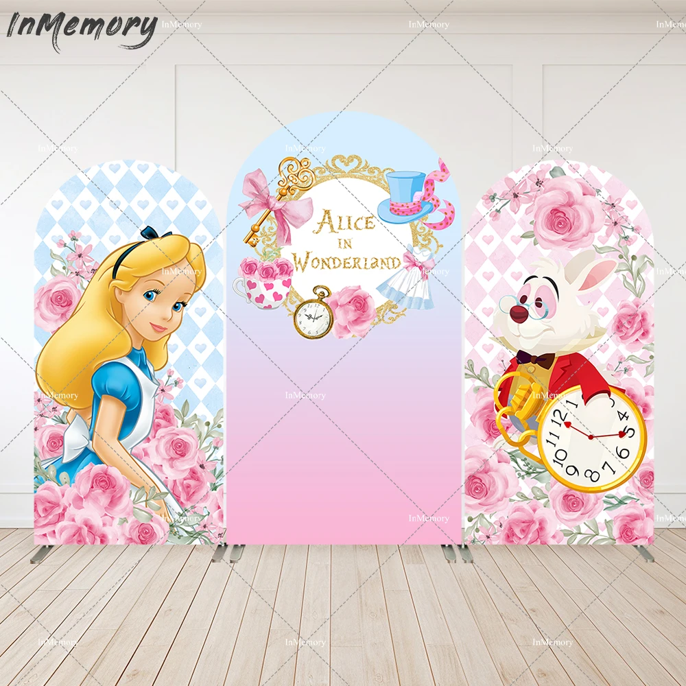 

Cartoon Alice in Wonderland Arch Backdrop Cover for Girl Baby Shower Party Decoration Pink Flowers Rabbit Clock Background Photo