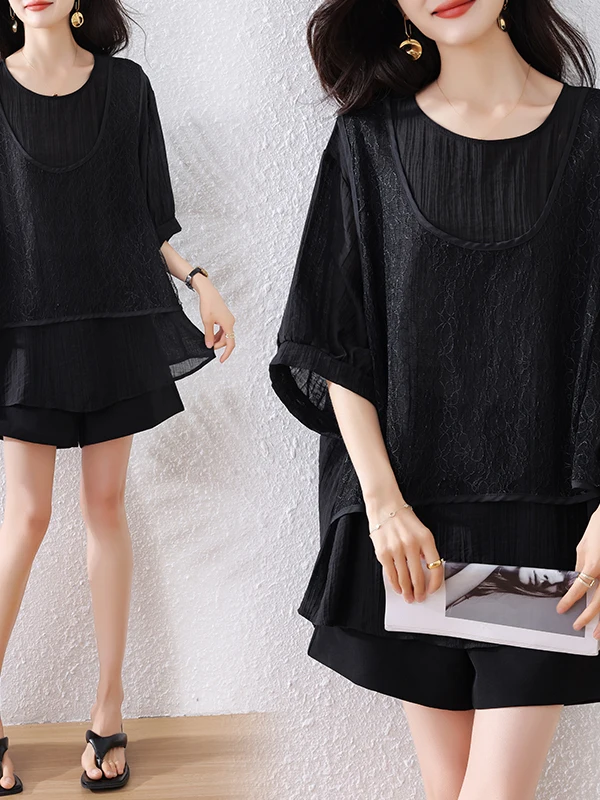 スリム効果のあるツーピースTシャツ、ラウンドネック、ゆったりフィット、通気性、スリム、レディース、夏の新作、ブランド仕立て品