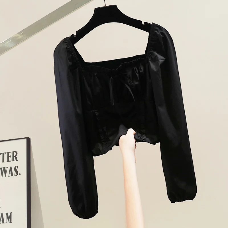 

Модная женская повседневная блузка с квадратным вырезом, украшенная бисером, с длинными рукавами-фонариками, облегающая, приятная к телу