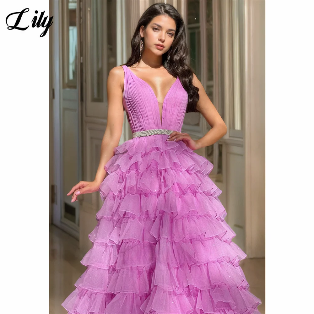 릴리 핑크-퍼플 우아한 딥 브이넥 파티 드레스, 티어드 러플 & 라인스톤 허리 민소매 댄스 파티 드레스 프롬 드레스 맞춤형