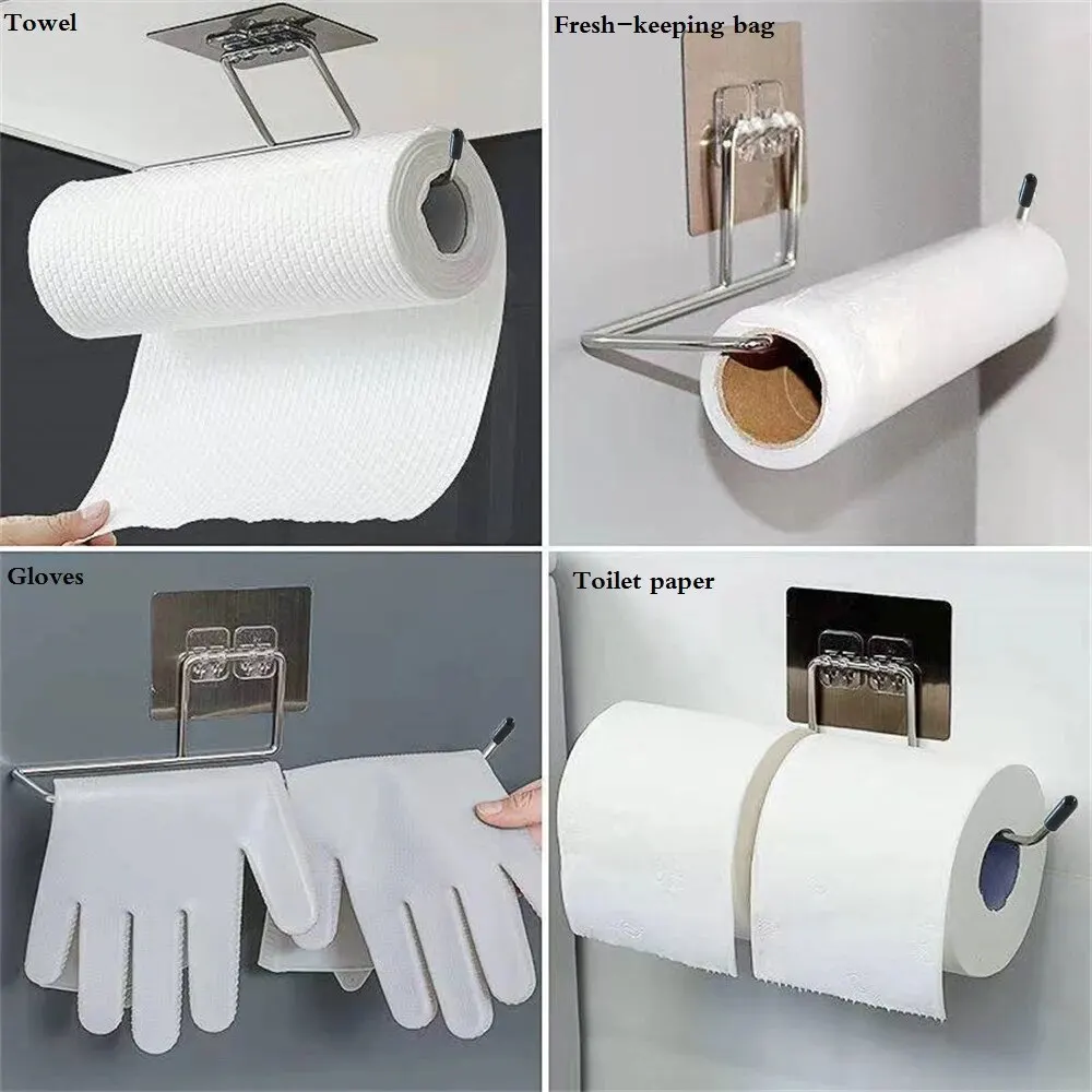 2PCS Kitchen Paper Towel Holder Adhesive Toilet Paper Rack Towel Hanger Tissue Dispenser Roll Napkin Cabinet Storage Accessories