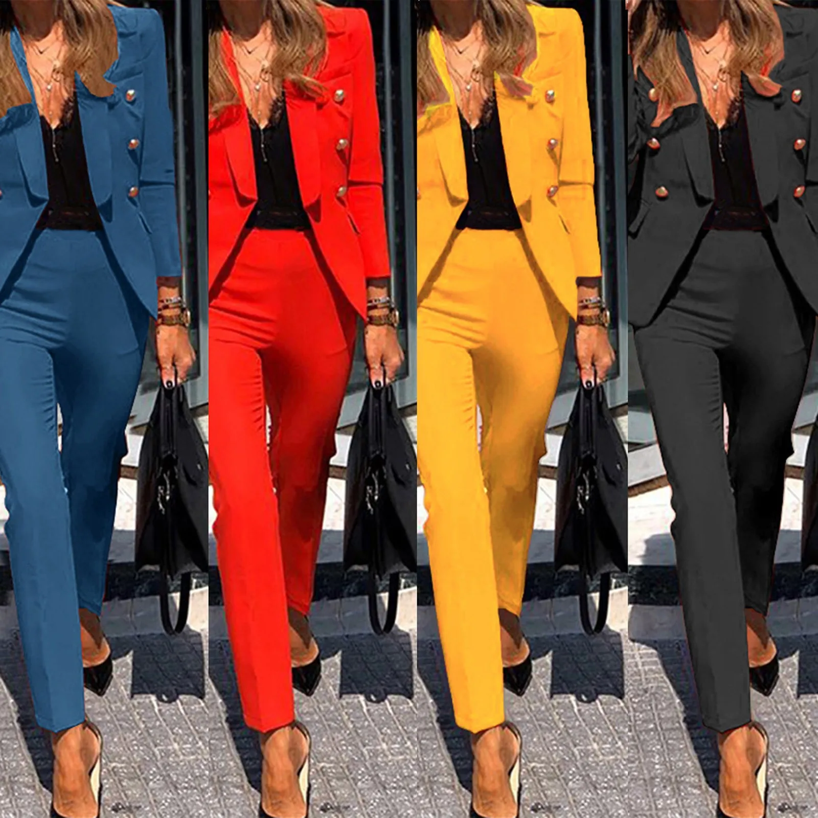 Autumn Winter For Women\'s New Solid Color Fashion Double Breasted Suit Slim Pocket Pencil Pants Female Office 2 Piece Set 2024