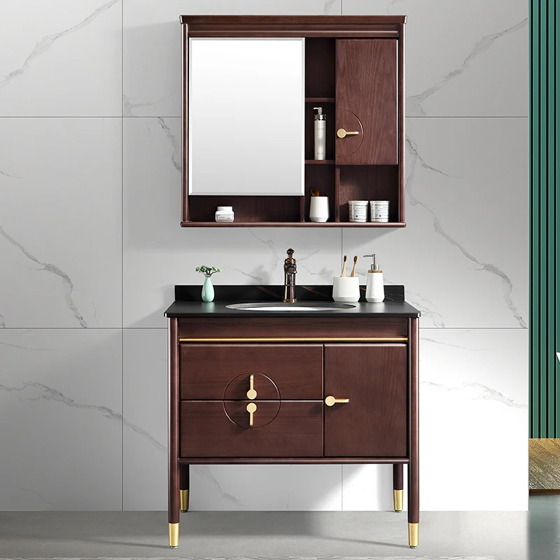 Room Cabinet Red Oak Hand Washing Washbasin Cabinet Combination Stone Plate Table Mirror Cabinet Basin Cabinet