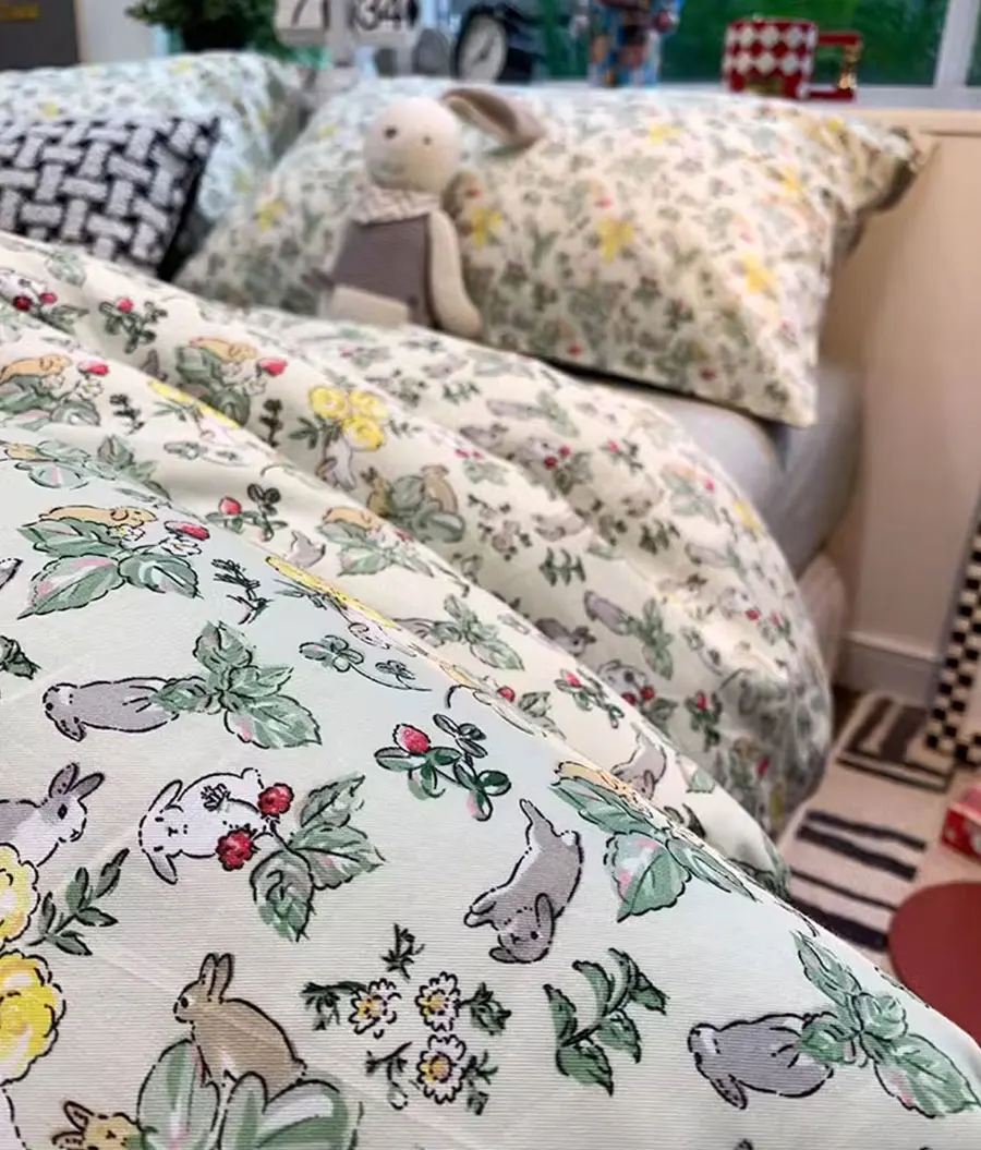 

Fashion pastoral flower strawberry rabbit green bedding set,full queen king cotton home textile bed sheet pillowcase duvet cover