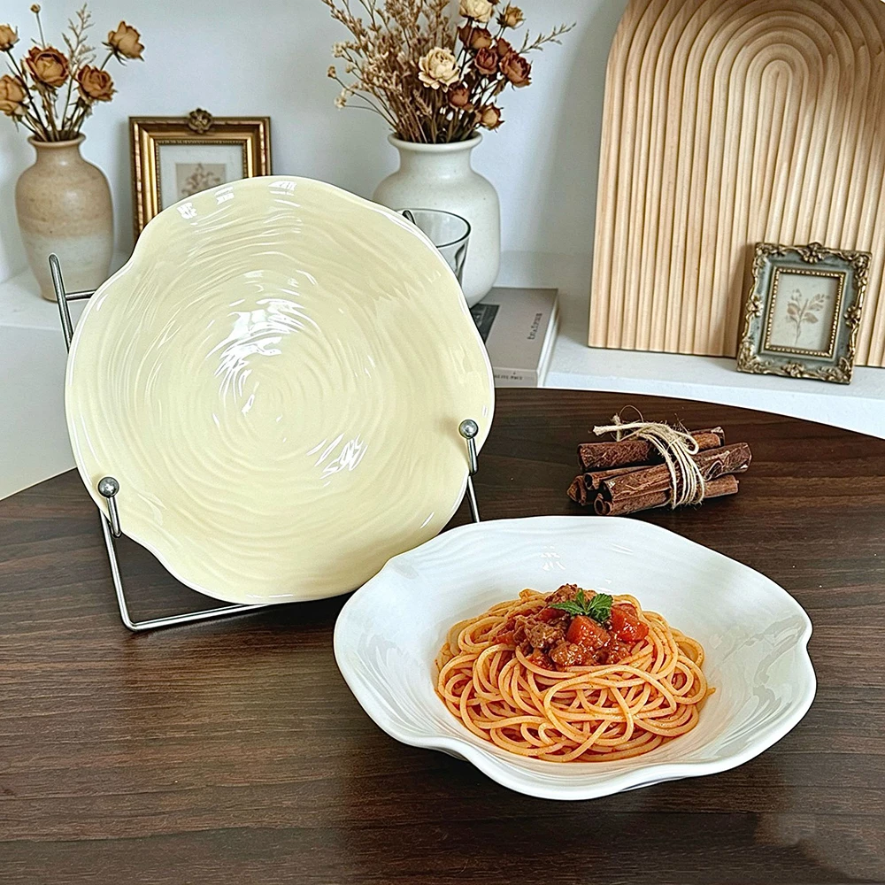 Irregular Ruffled Ceramic Salad Plates Wavy Textured Deep Plate for Pasta Home Kitchen Decor Restaurant Dessert Serving Dish