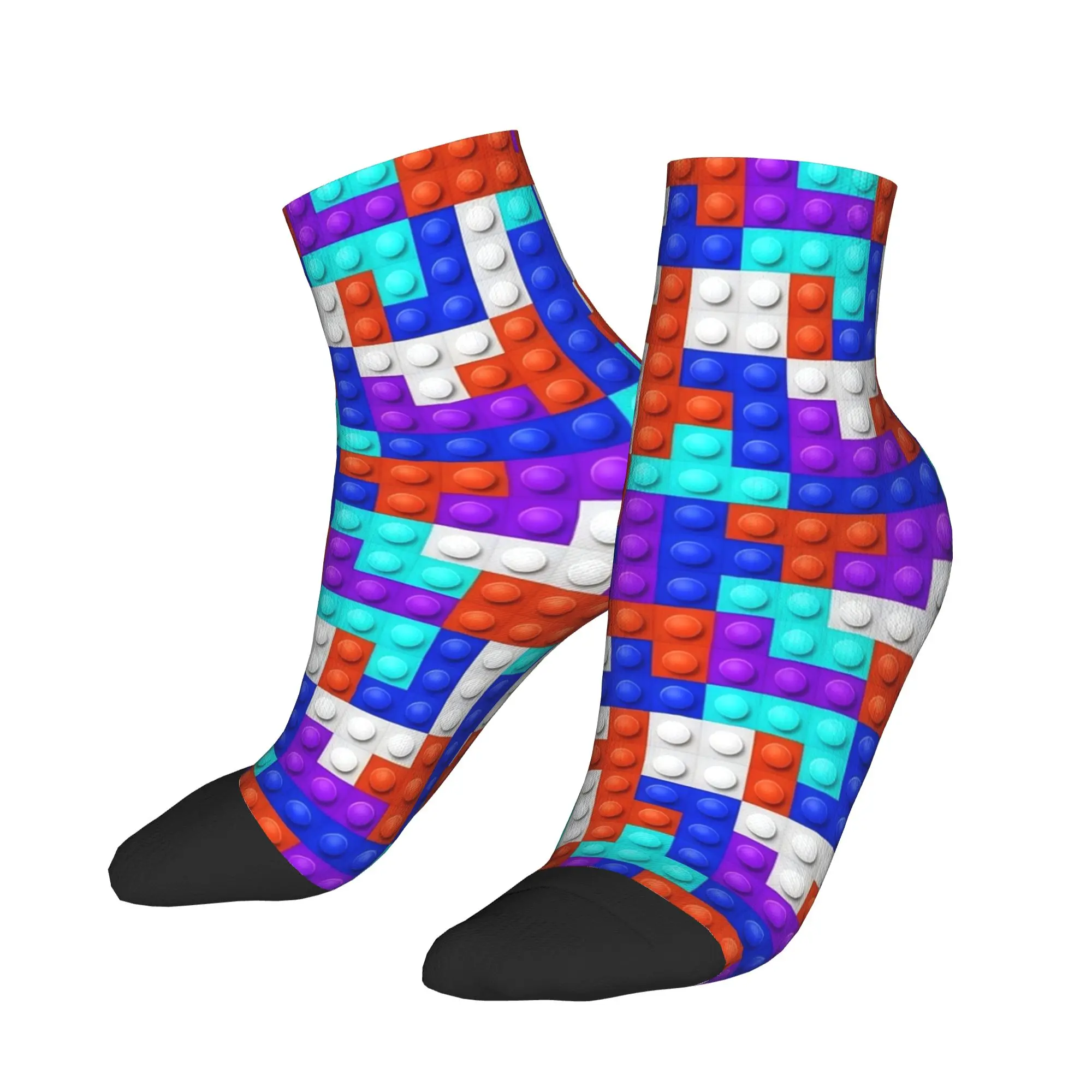 Orange Blue Purple Teal Building Blocks Pattern Ankle Socks Graphic Funny Casual Socks Autumn Non Skid Cycling Soft Sock For Men