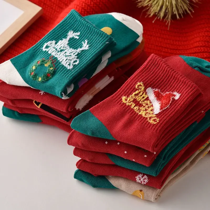 5 pairs of Christmas stockings for women in autumn and winter, stockings for Santa Claus, reindeer, snowman, cute