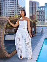 Female Clothing Elegant Sets V Neck Lace Sexy Strapless Crop Top and Wide Leg Pants Set Women Hollow Out Summer Two Piece Set - Image 3