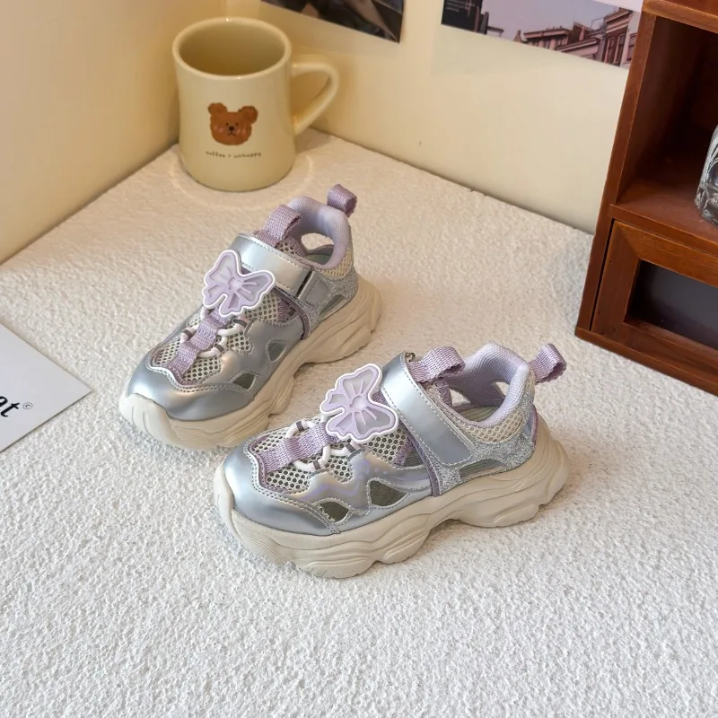 Girls Chunky Sole Sandals with Butterfly Decoration Silver Mesh Sport Shoes Non-Slip Rubber Bottom Fashion Footwear