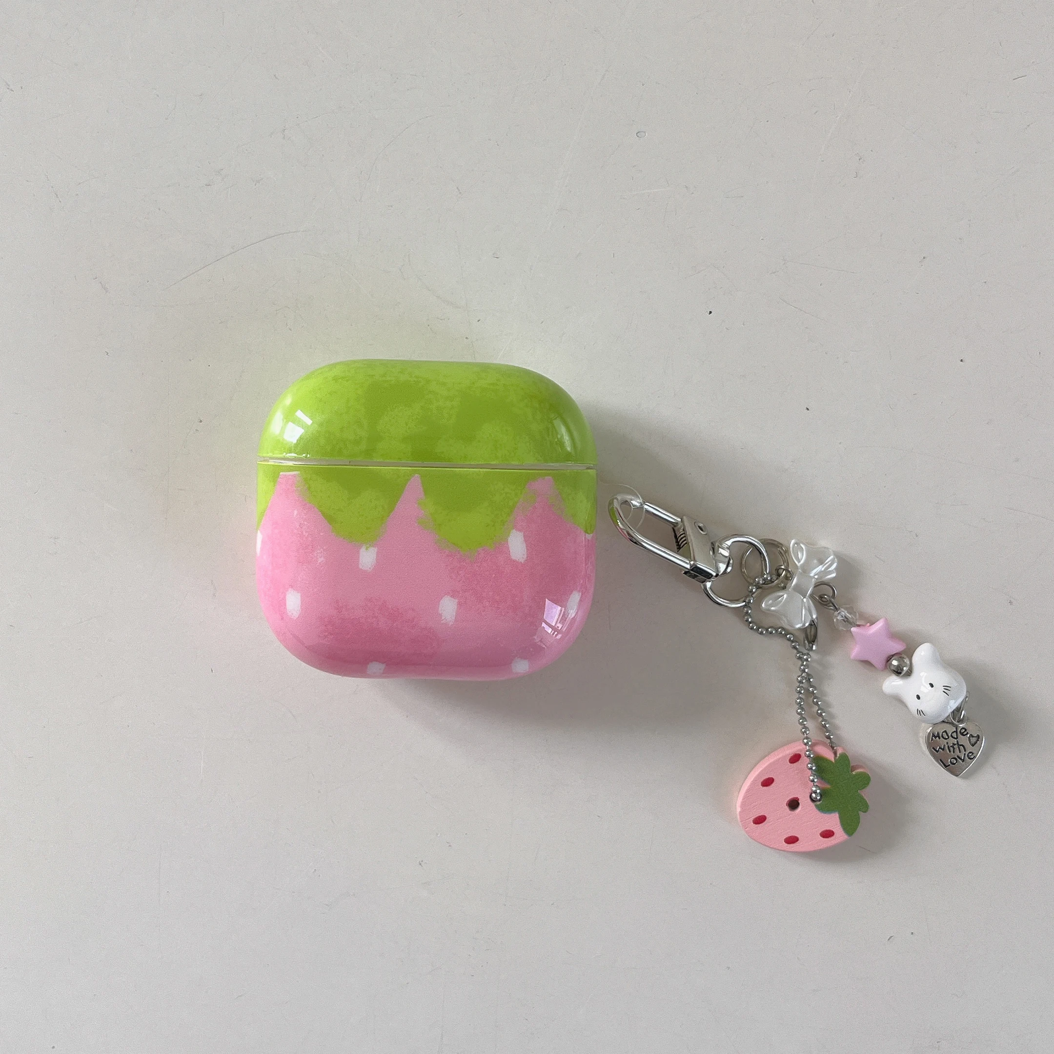 Pink-Green Strawberries Pattern IMD Earphone Case with Pendant for Apple Airpods 1, 2, 3, 4, 5, Pro, Pro2, Pro3