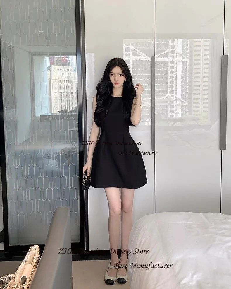ZHIO Ivory Simple Satin Boat Neck Mini Length Korean Style Evening Gown Dress Strapless Sleeveless Short Prom Cocktail Dress