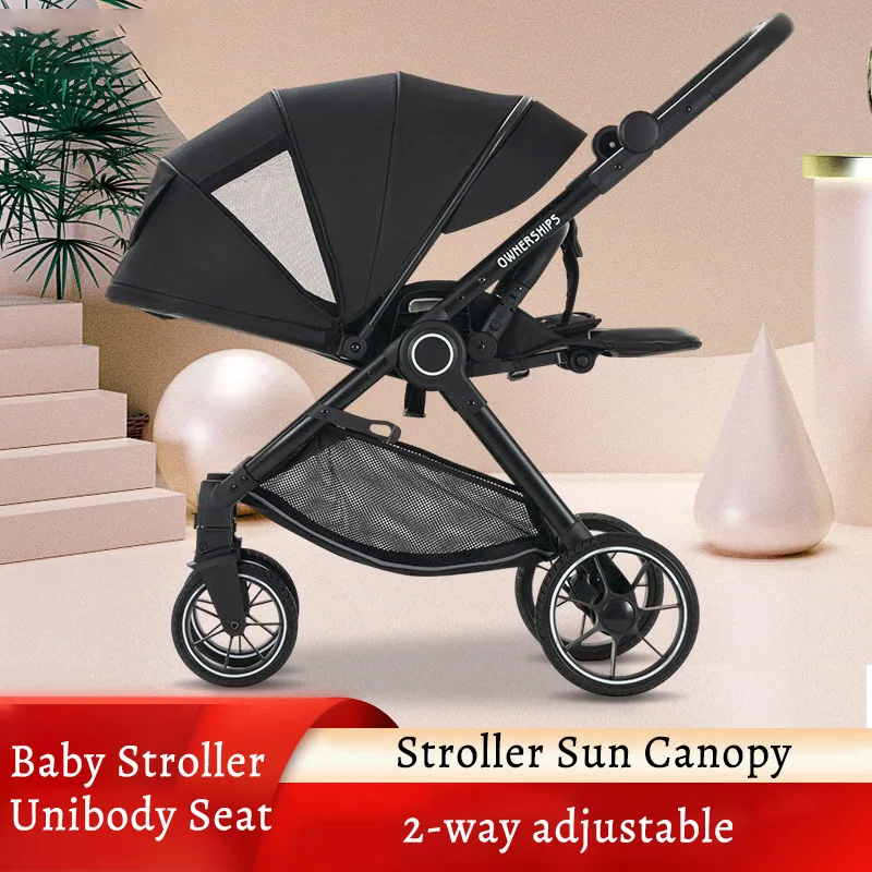 Baby Stroller High-View Two-Way Foldable Shock Absorption Four Wheels Cart Sit or Lie Down Lightweight for Baby Pushchair Pram