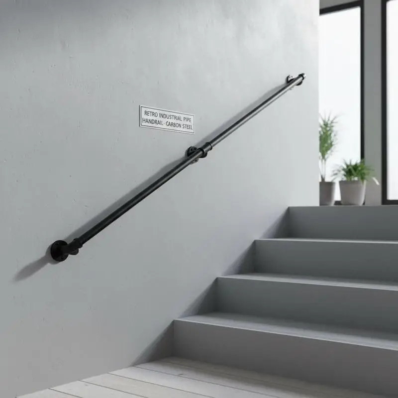 3x Main courante en tuyau d'eau rétro de 270 cm, garde-corps industriel rétro en acier au carbone, 4x supports muraux vintage pour escalier, capacité de charge de 200 kg, adaptés aux mains courantes intérieures/extérieures