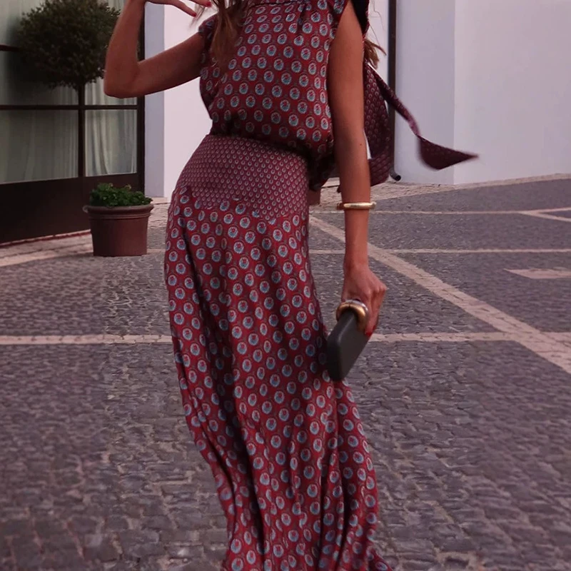 Elegant Temperament Vacation Outfit Casual Ribbon Sleeveless Top & Long Skirt Two Piece Set Retro Floral Print Satin Women Suit view 4