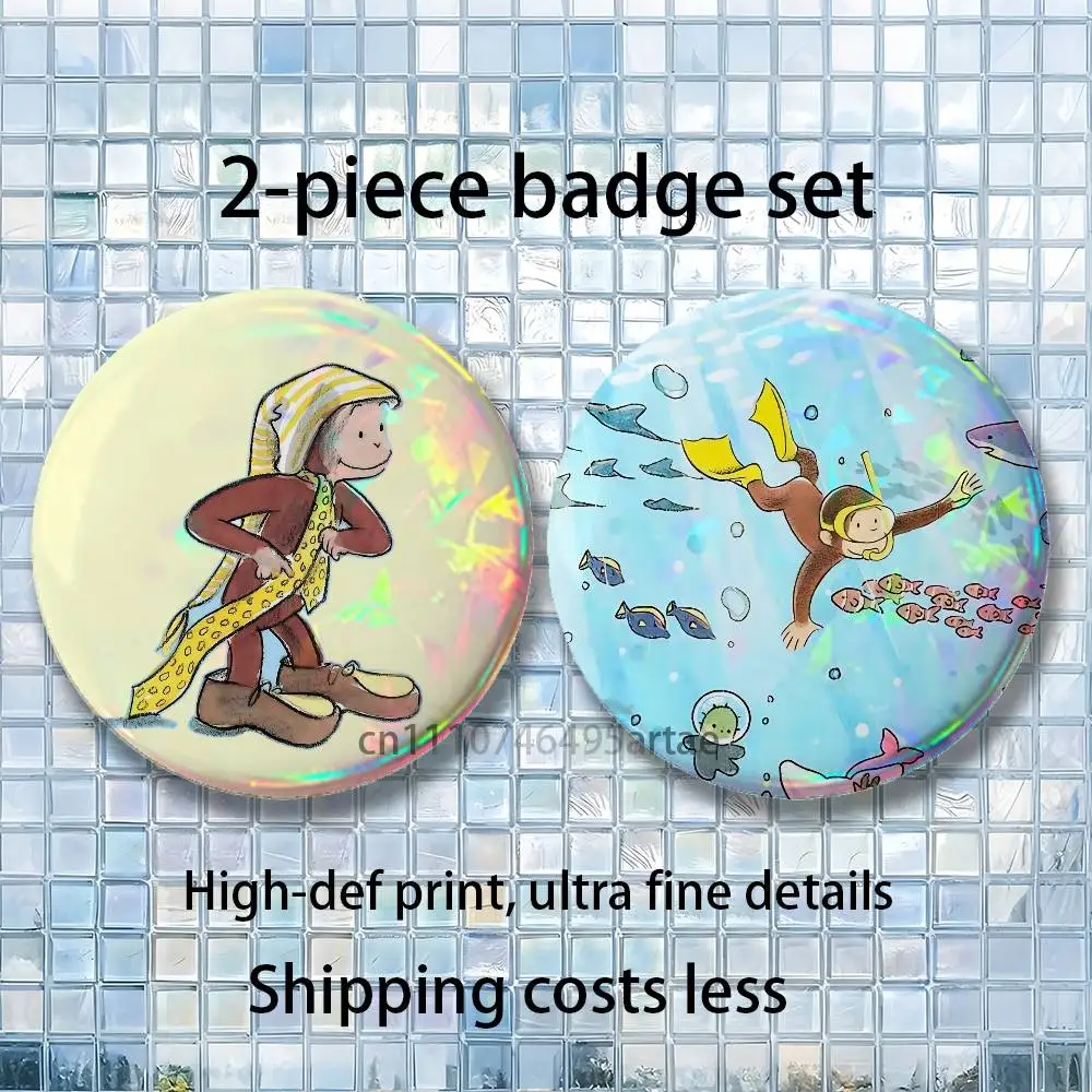 Monkey Curious George Holder Brooches for Backpack Accessories25,32,44,58,75mm Round Enamel Pins 2-piece set Cartoon Anime Badge