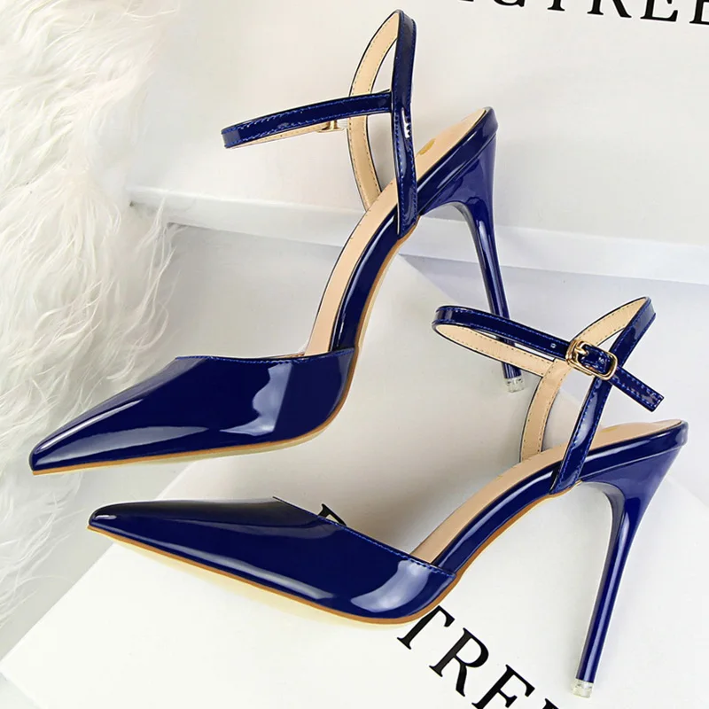 2023 Summer Sexy Women 10.5cm High Heels Strap Sandals Patent Leather Stiletto Heels Blue Sandals Party Pumps Wedding Prom Shoes