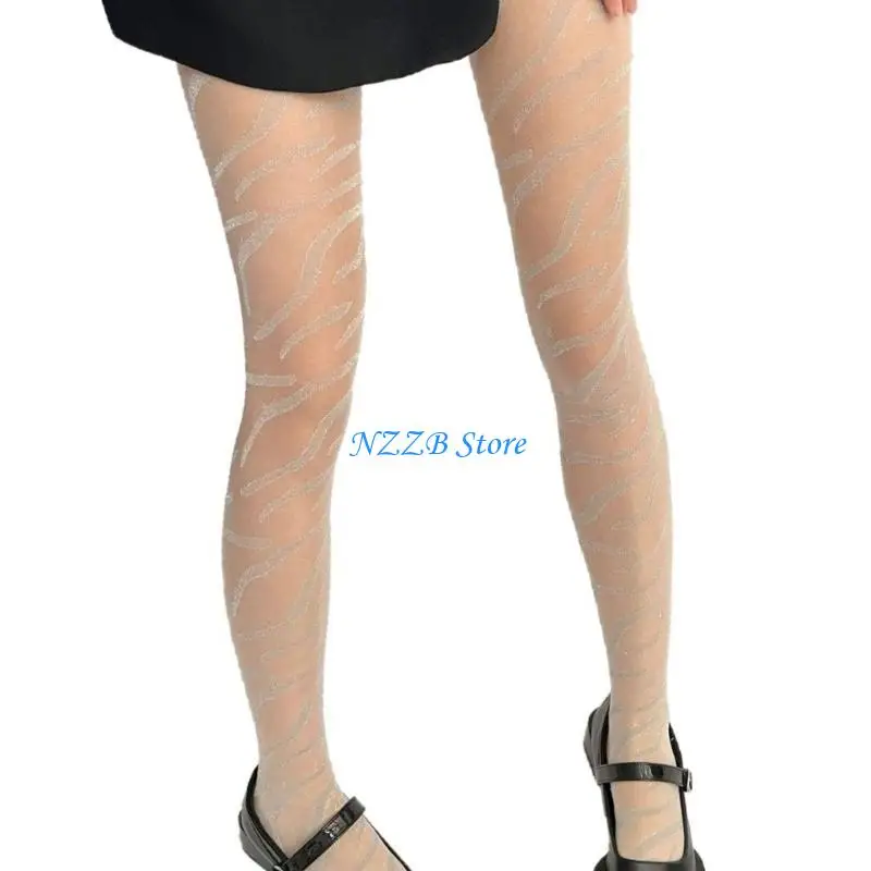 

T21F Metallic Thread Zebras Striped Sheer Pantyhose High Waist Thin Tights For Women