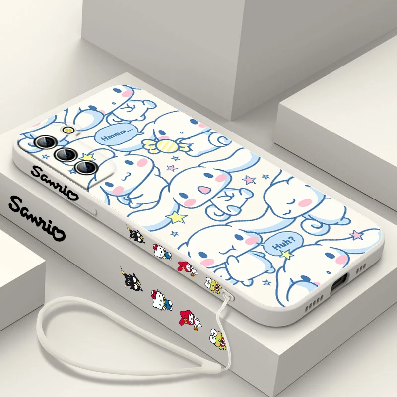 Cute Cinnamoroll Cartoon Phone Case For Samsung Galaxy S24 S23 S22 S21 S20 Pro FE Plus Ultra Liquid Left Rope Cover