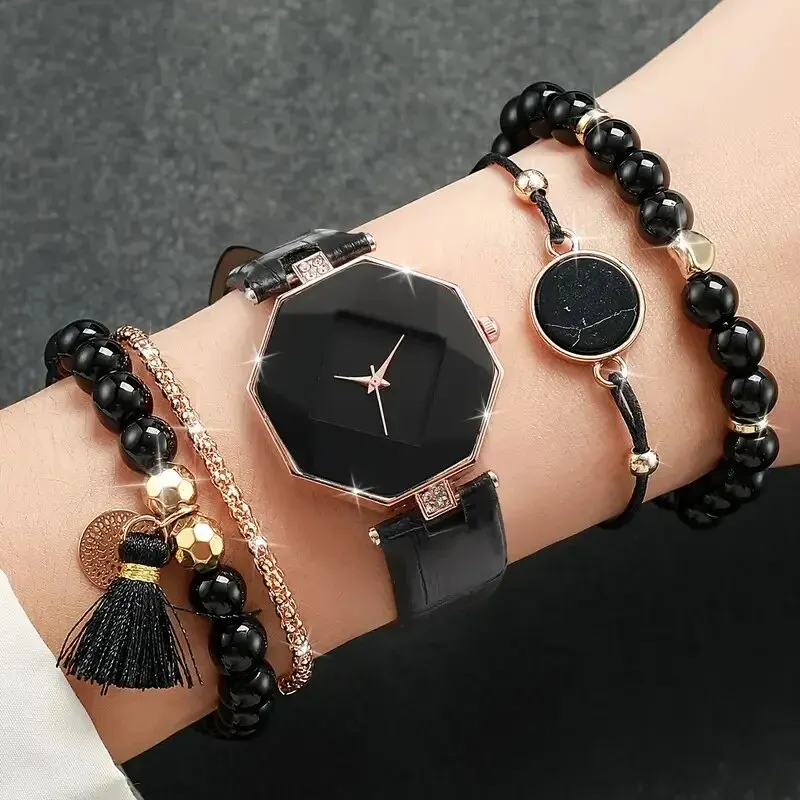 5pcs Ladies Fashion Casual Star Diamond Digital Rhinestone Belt Quartz Watch Fringe Love Crystal Agate Bracelet Gift Set