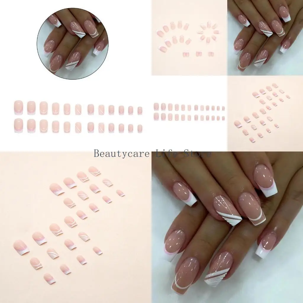 

652C 24Pcs Long Press on Coffin French Fake Tip for Women Girls