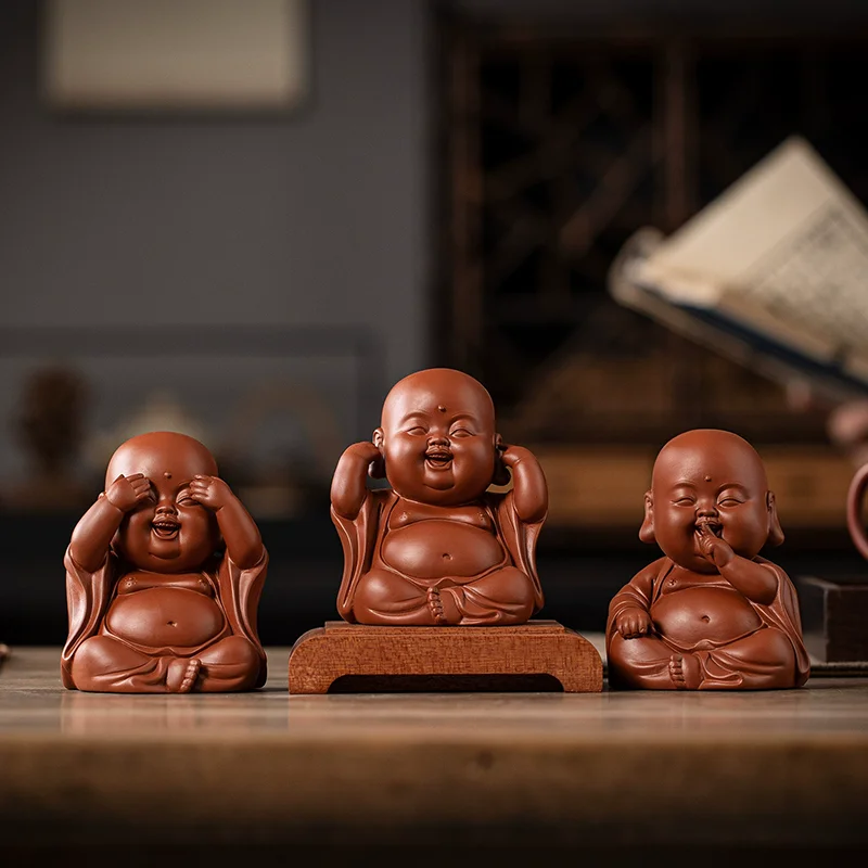 Ceramic Laughing Buddha Statue for Wealth, Three No Evil Maitreya Figurine, Zen Desk Decor for Home Office Entryway Tea Table